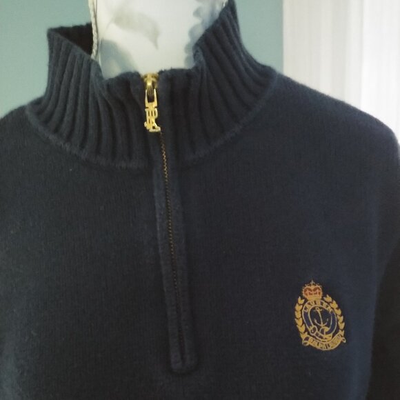 Ralph Lauren Navy Quarter Zip Cotton Sweater with Gold Crest - Picture 2 of 8